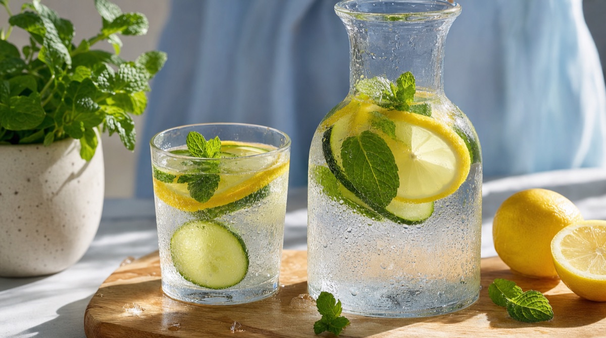 Karaffe mit Wasser, Zitrone, Gurke und Minze