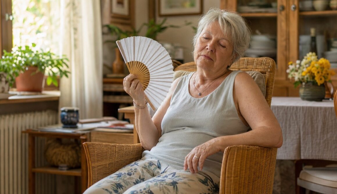 Aeltere Frau faechelt sich an einem heissen Tag Luft zu