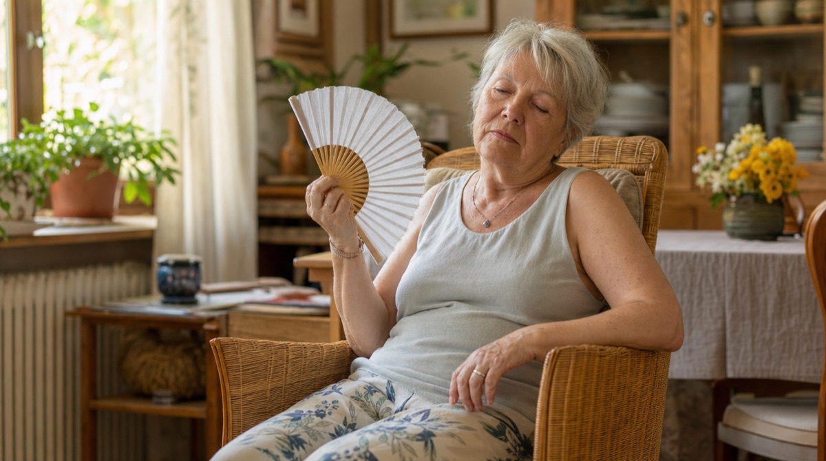 Aeltere Frau faechelt sich Luft zu
