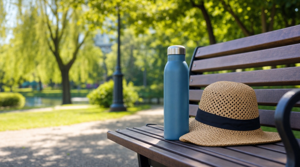 Trinkflasche und Sonnenhut auf einer Parkbank