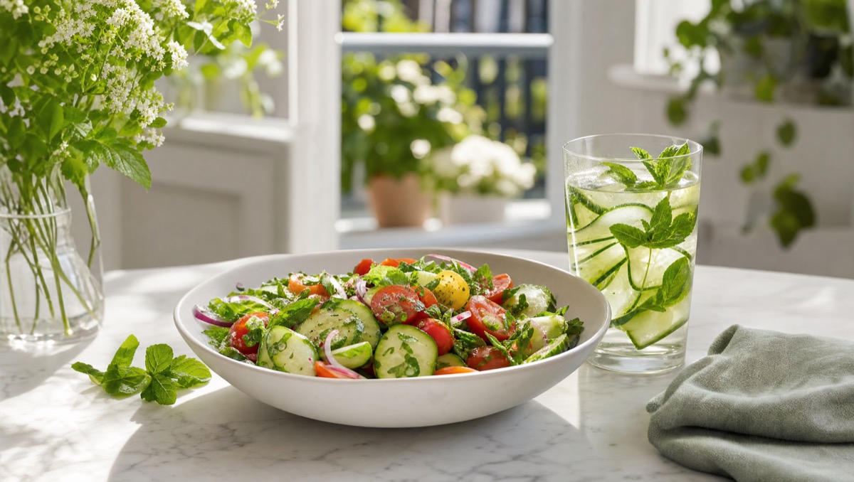 Frischer Sommersalat und Wasser mit Gurke und Minze