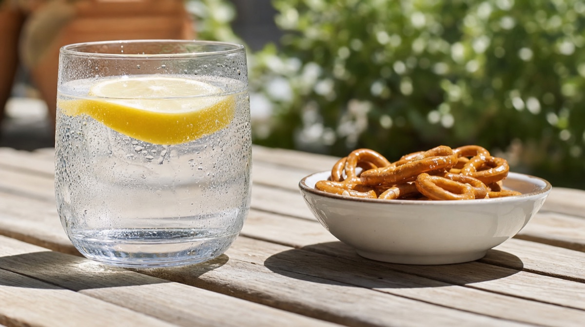 Glas Wasser und Salzgebaeck