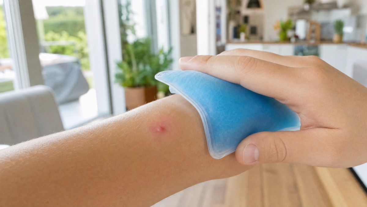 Hand drückt ein Kühlpad auf einen Mückenstich am Unterarm