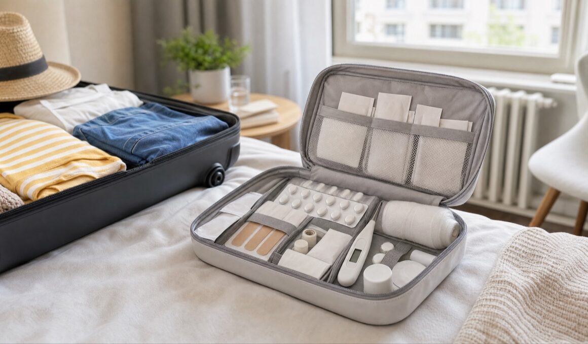 Geöffnete Reiseapotheke mit Pflastern und Thermometer neben einem Koffer