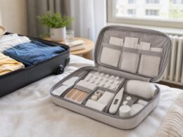 Geöffnete Reiseapotheke mit Pflastern und Thermometer neben einem Koffer