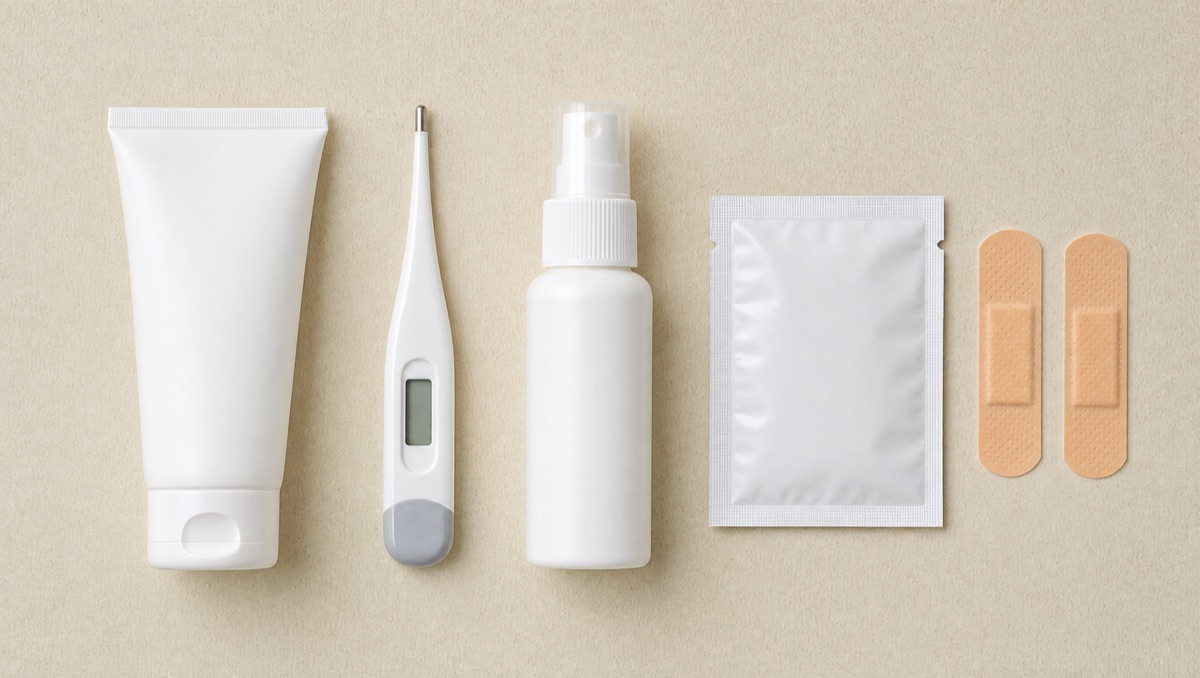 Sonnencreme, Fieberthermometer und Pflaster von oben arrangiert
