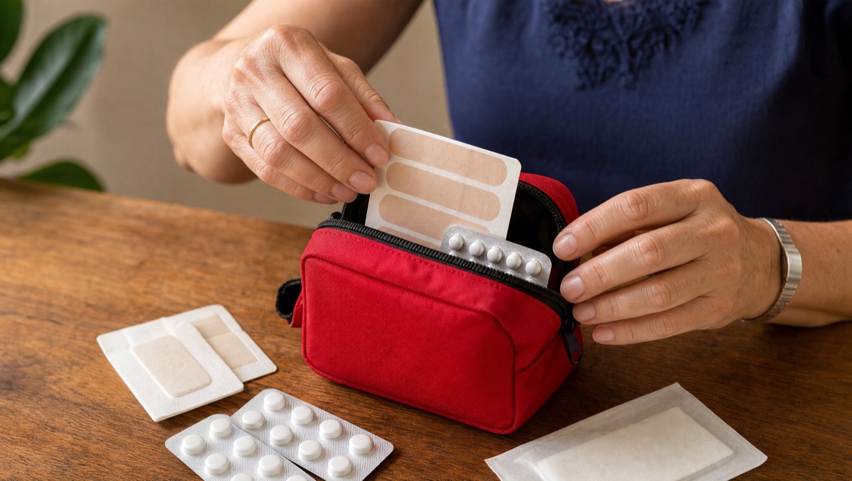 Hände packen Pflaster und Tabletten in eine kleine Tasche