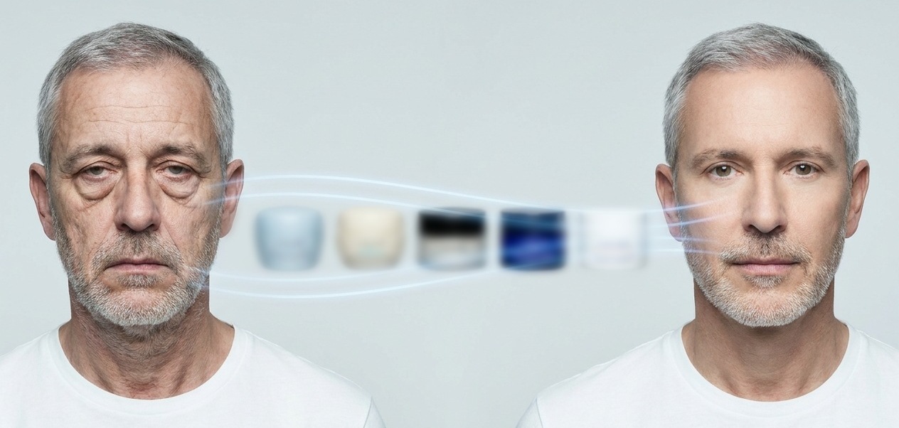 The same man before and after eight weeks, with five eye creams between the two portraits