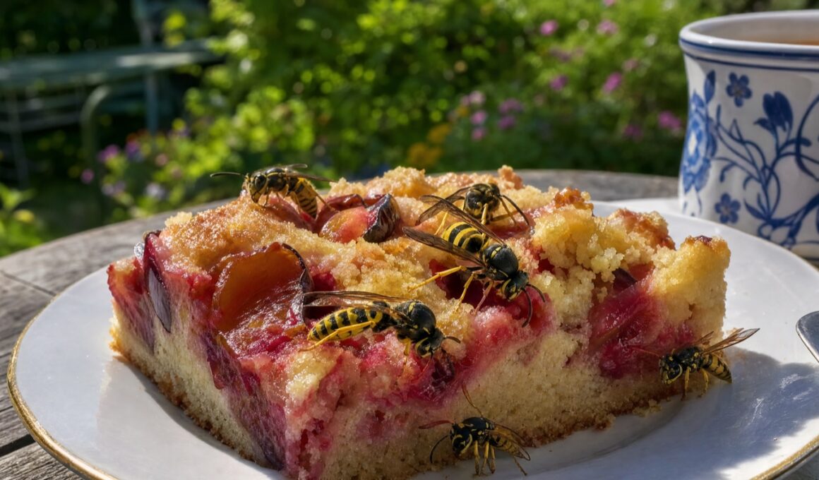 Wespen auf einem Stück Kuchen auf einem Gartentisch im Spätsommer
