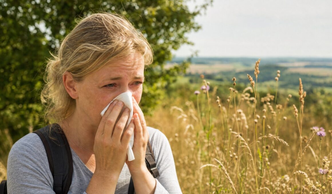 Frau niest im Spätsommer am Rand einer Wiese in ein Taschentuch