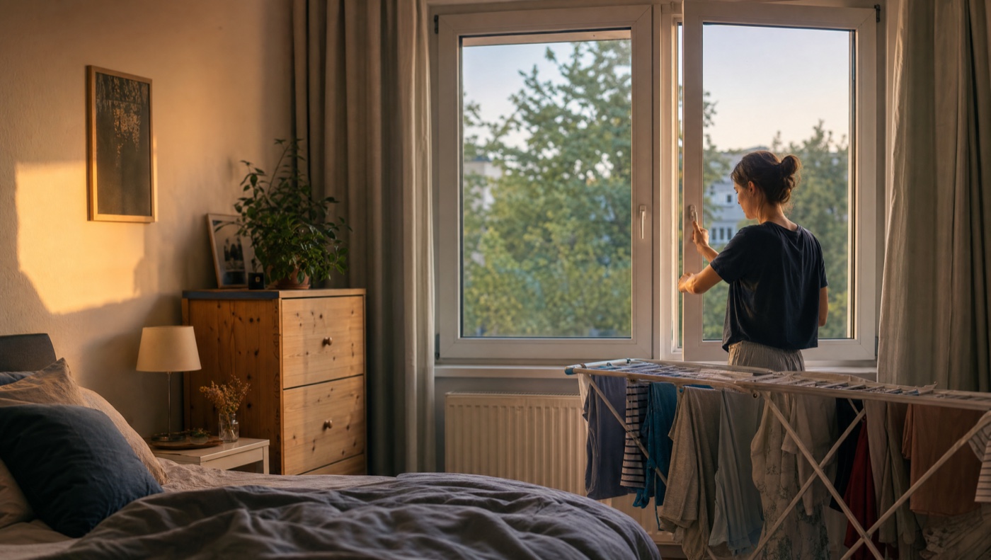 Fenster abends schließen, Wäsche im Innenraum trocknen