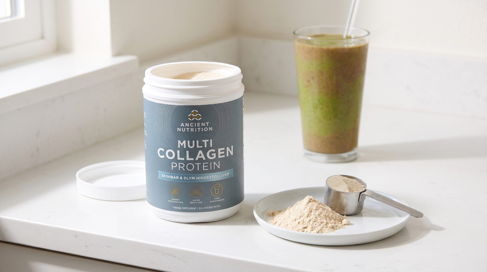 Ancient Nutrition Multi Collagen Protein powder on a plate