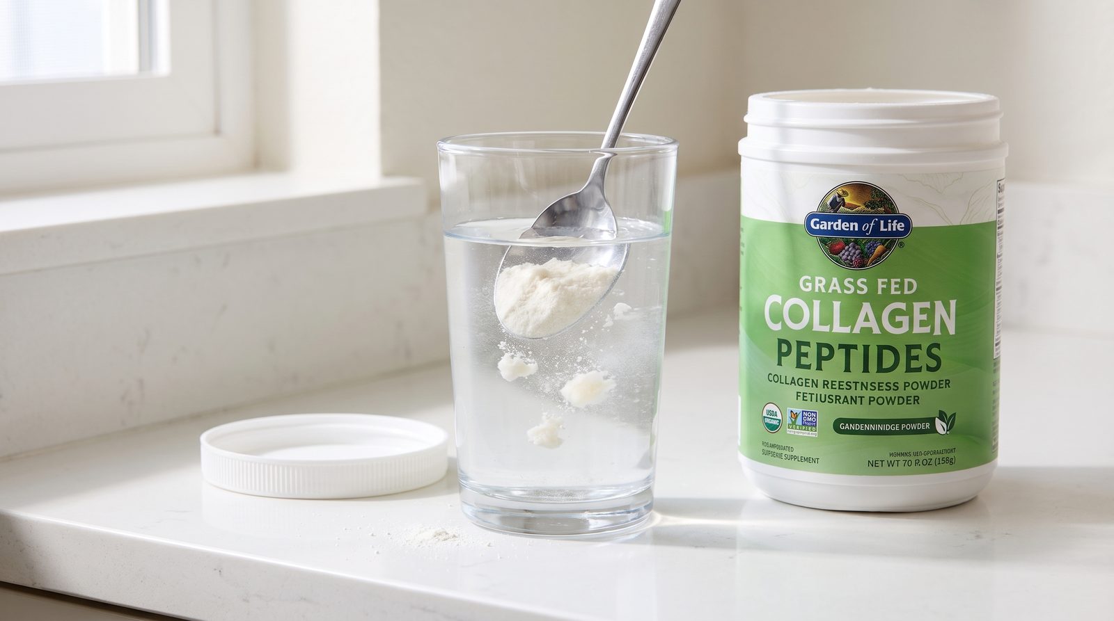 Garden of Life collagen powder stirred into cold water with small clumps