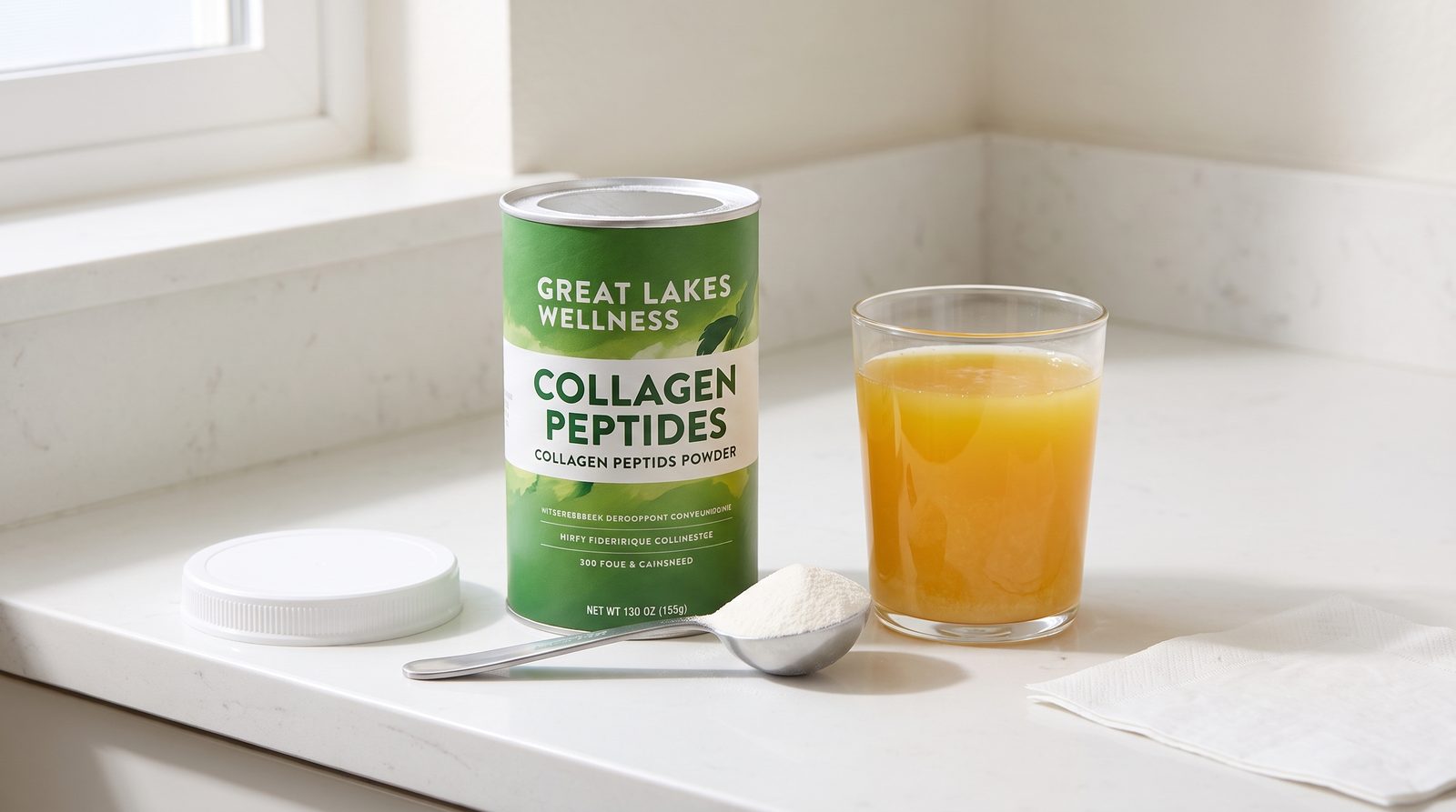 Great Lakes Wellness collagen powder on a tablespoon next to a glass of orange juice