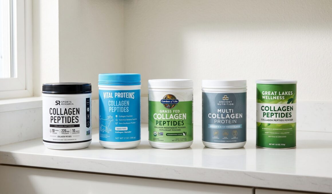 Five collagen powder tubs on a kitchen counter: Sports Research, Vital Proteins, Garden of Life, Ancient Nutrition and Great Lakes