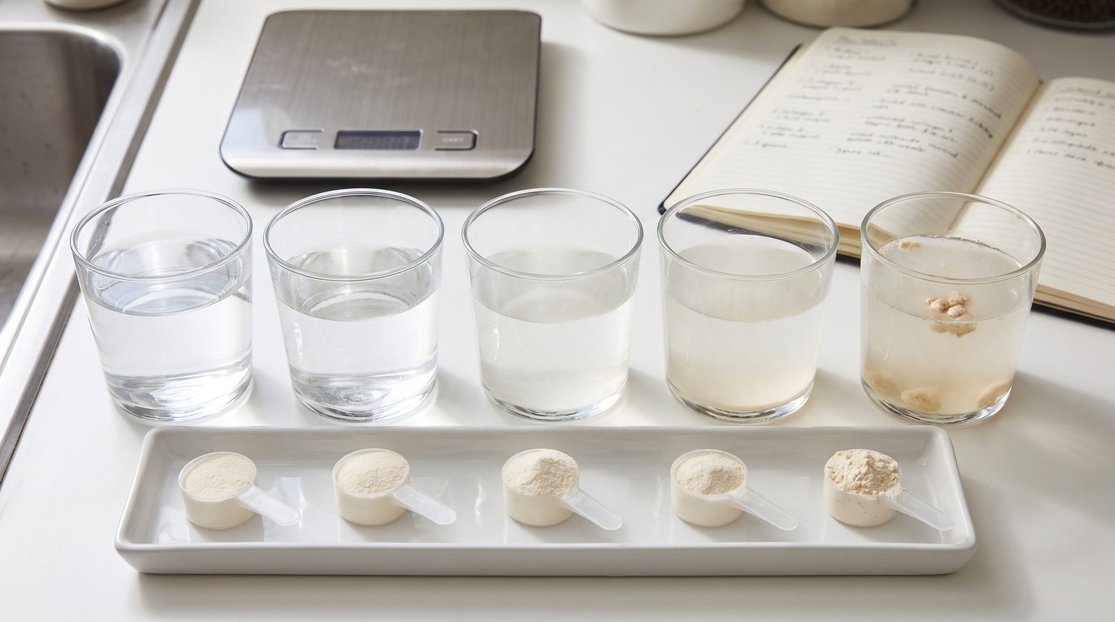 Five glasses of water with dissolved collagen samples from clear to cloudy, scoops of powder in front
