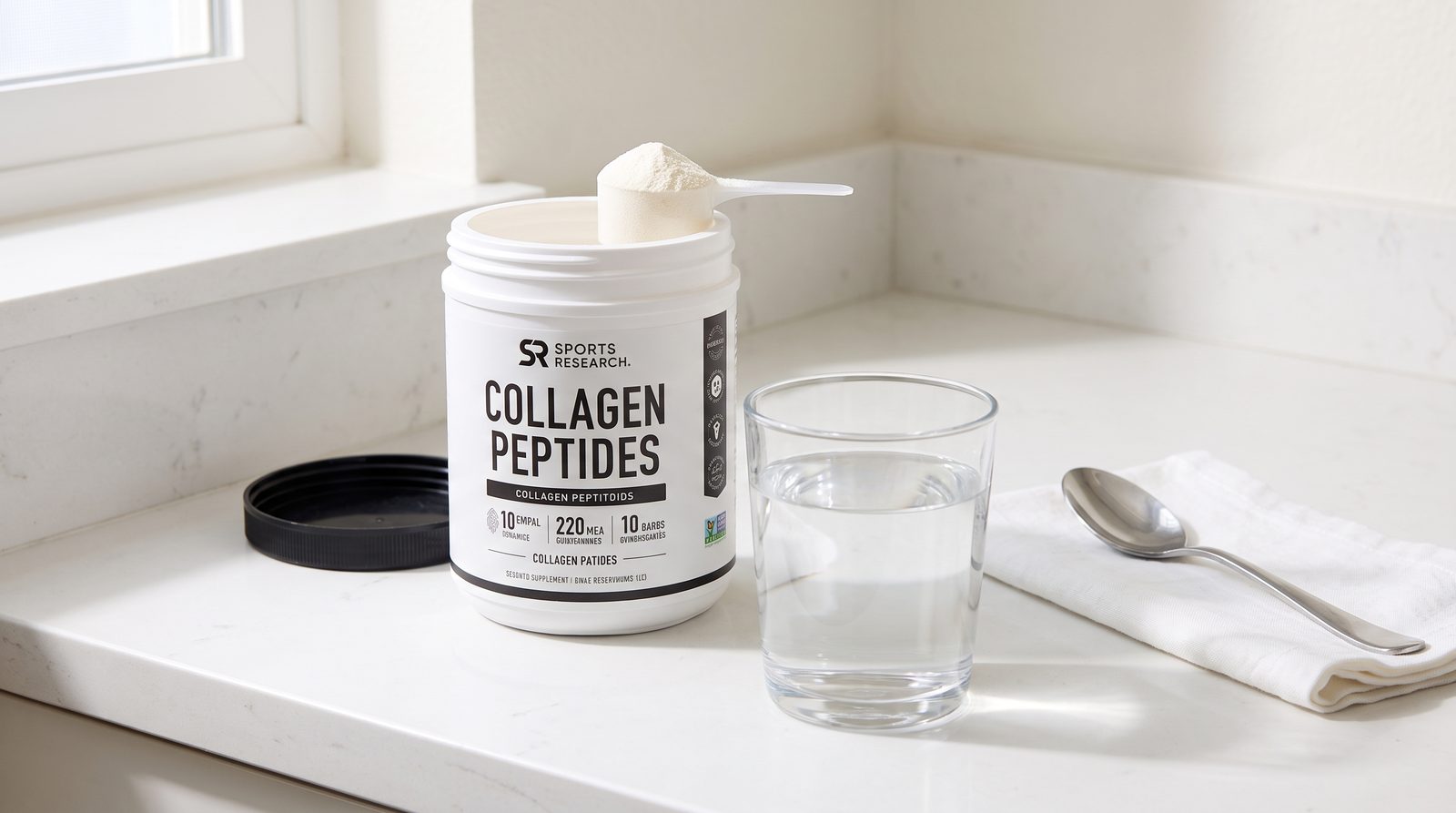 Sports Research Collagen Peptides tub with a heaped scoop and a clear glass of water