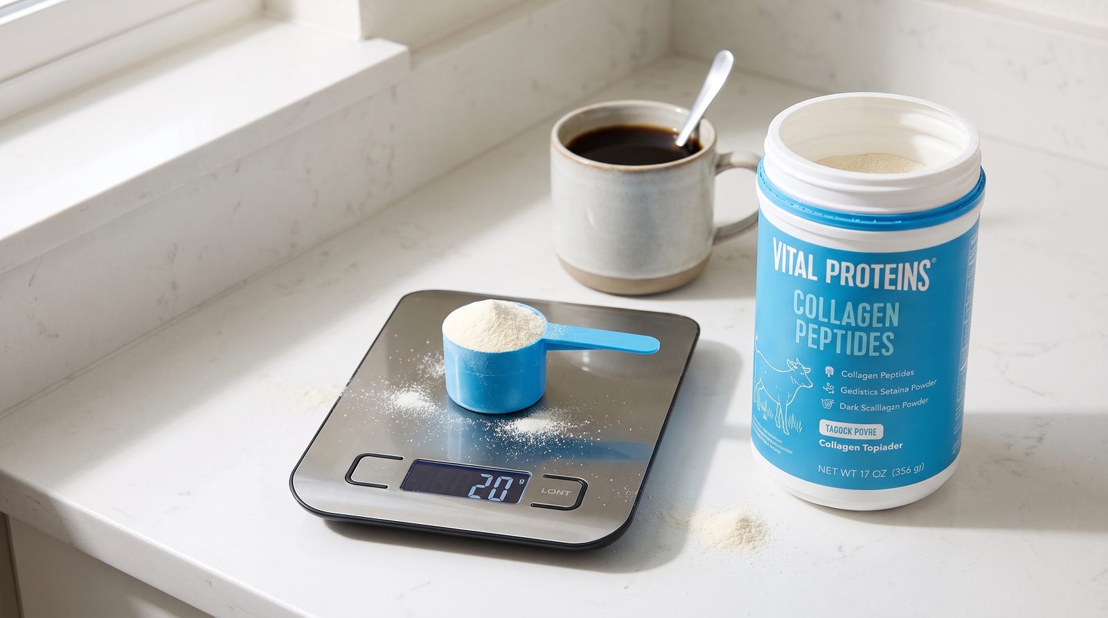 Vital Proteins Collagen Peptides scoop on a kitchen scale reading 20 g