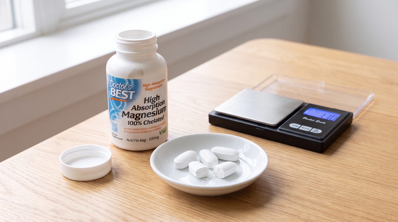 Doctor's Best High Absorption Magnesium bottle open with tablets on a dish, one snapped in half