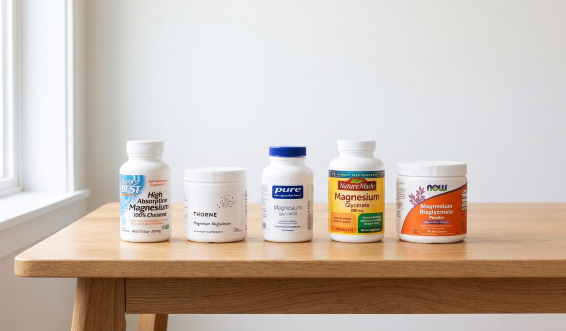 Five magnesium supplements lined up on a wooden table: Doctor's Best, Thorne, Pure Encapsulations, Nature Made and NOW Foods