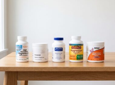 Five magnesium supplements lined up on a wooden table: Doctor's Best, Thorne, Pure Encapsulations, Nature Made and NOW Foods