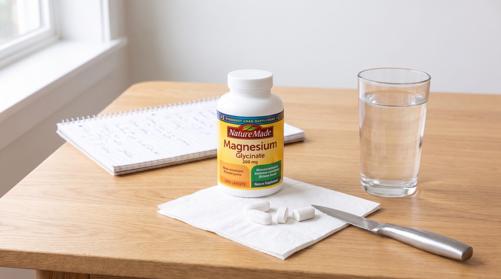 Nature Made Magnesium Glycinate tablets on a napkin, one cut in half