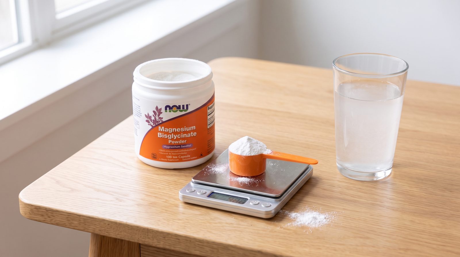 NOW Foods Magnesium Bisglycinate powder scoop on a kitchen scale
