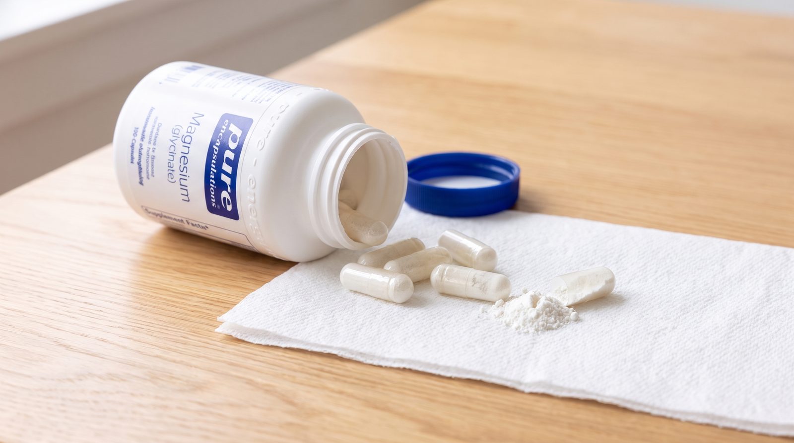 Pure Encapsulations Magnesium glycinate capsules spilling onto a paper towel