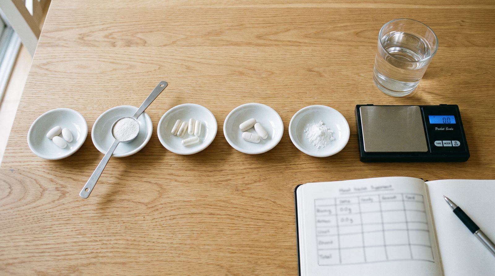 Five dishes with magnesium tablets, capsules and powder next to a pocket scale and a glass of water