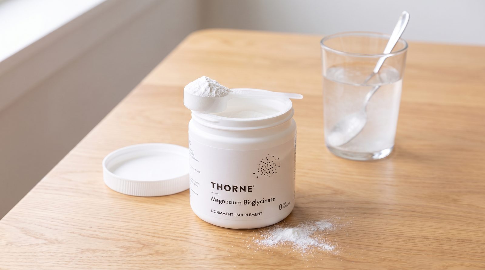 Thorne Magnesium Bisglycinate powder tub with a heaped scoop and a glass of water