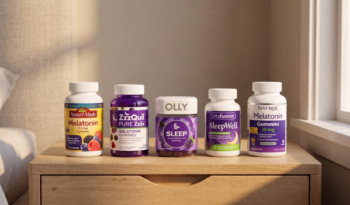 Five melatonin gummy bottles on a nightstand: Nature Made, ZzzQuil, OLLY, vitafusion and Natrol