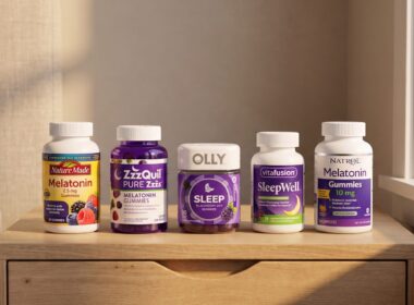 Five melatonin gummy bottles on a nightstand: Nature Made, ZzzQuil, OLLY, vitafusion and Natrol