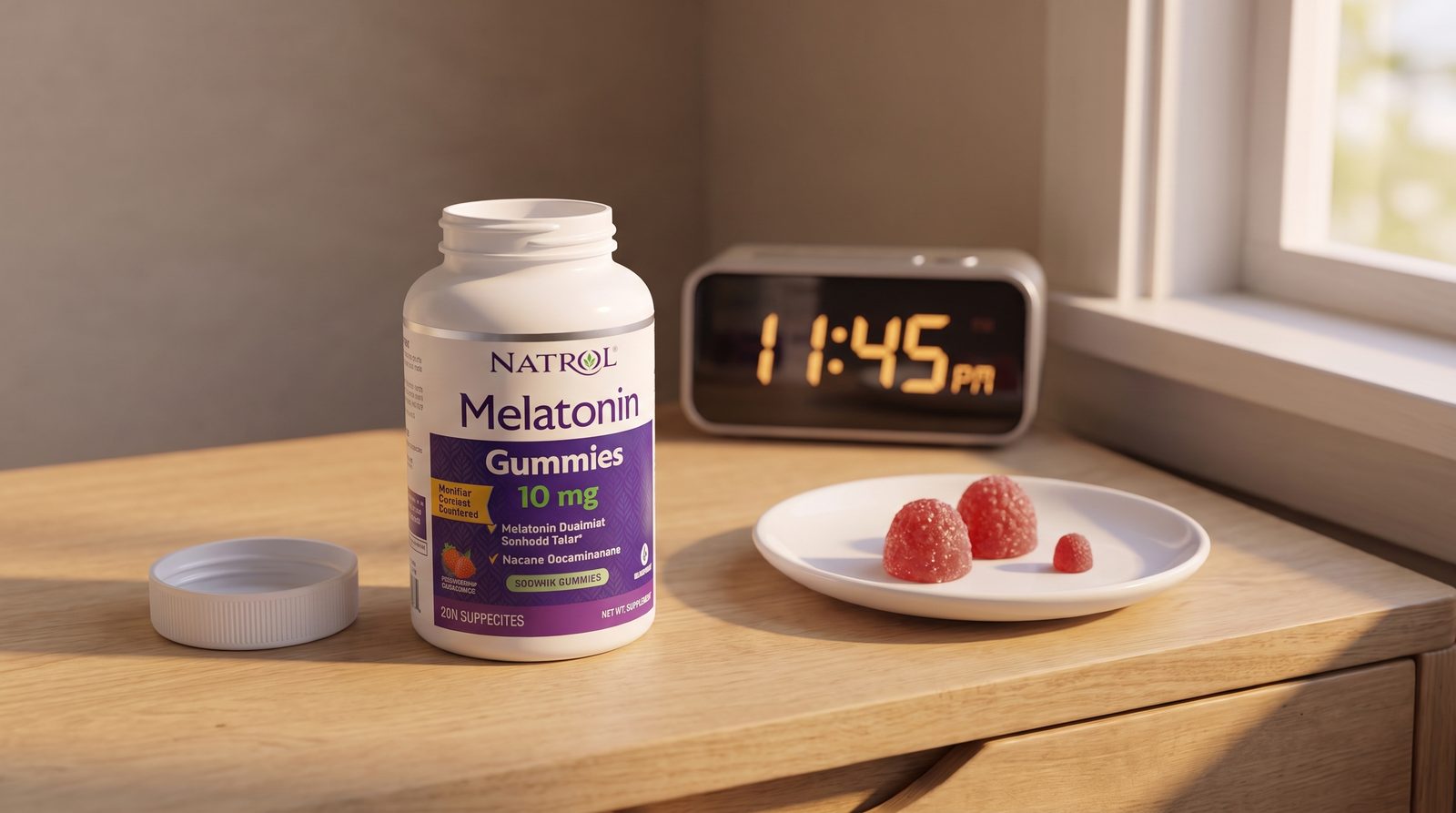 Natrol 10 mg melatonin gummies next to a smaller gummy for size comparison