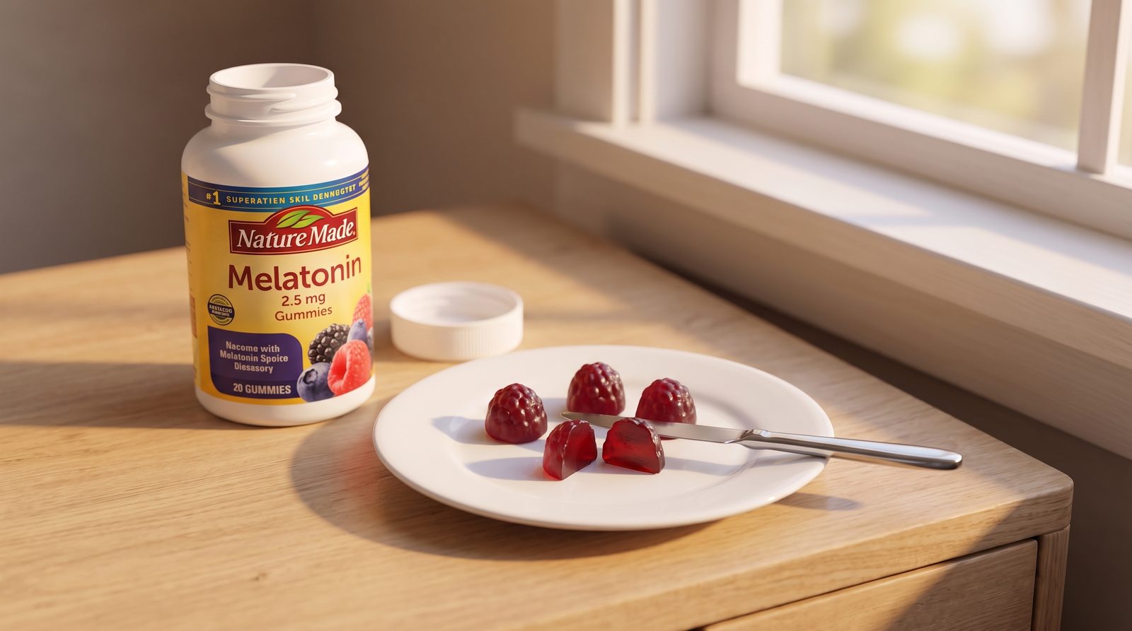 Nature Made Melatonin 2.5 mg gummies on a plate, one cut in half