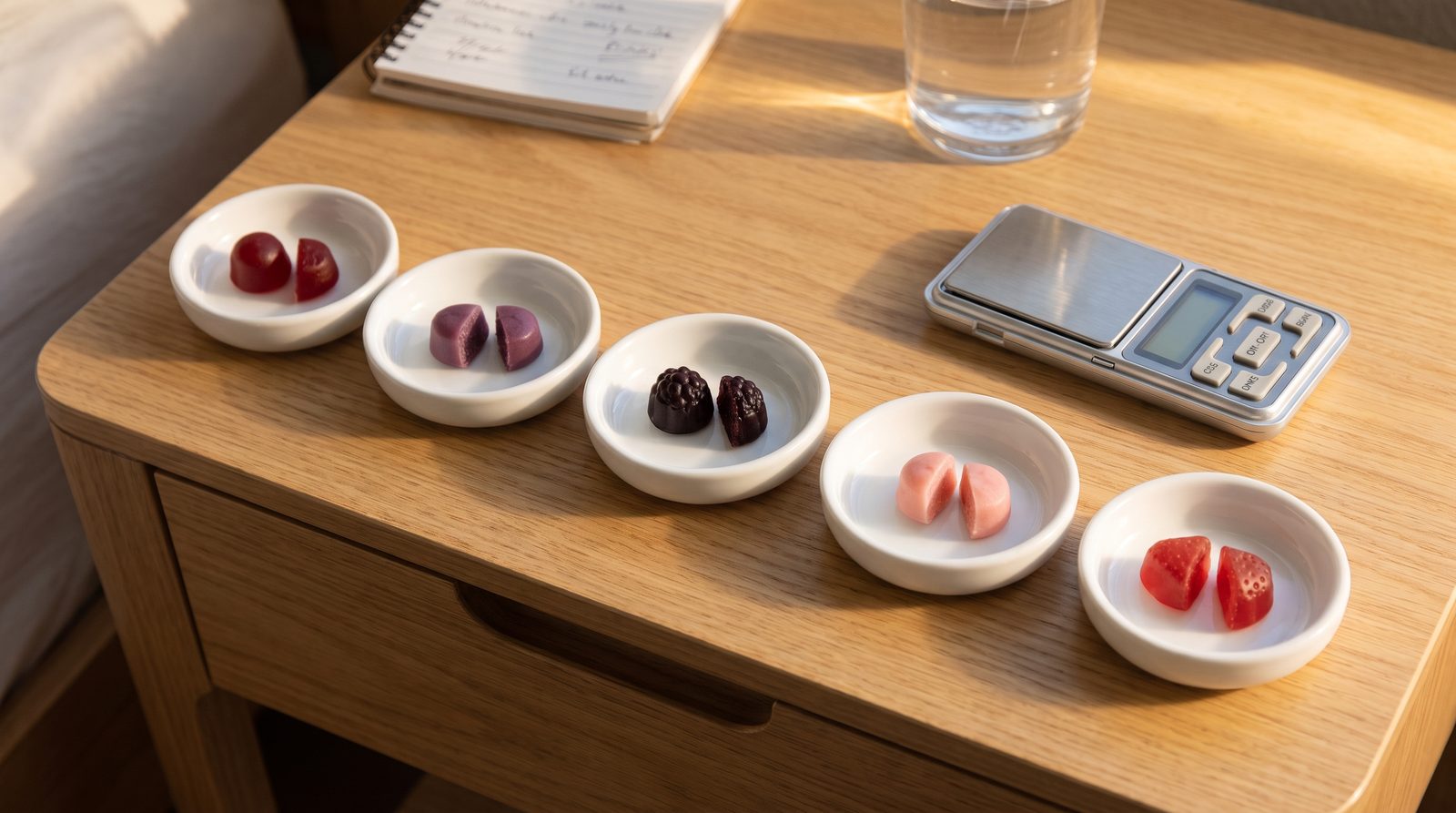 Five dishes with two gummies each, one cut in half, next to a pocket scale