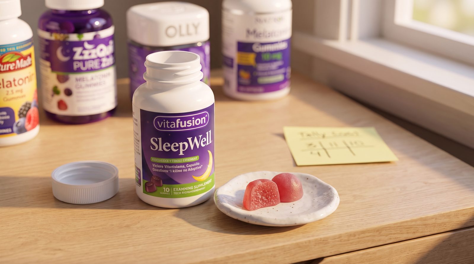vitafusion SleepWell gummies on a dish, one cut in half