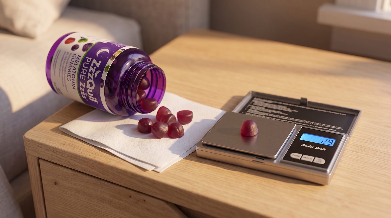 ZzzQuil Pure Zzzs gummies spilling onto a napkin with one on a pocket scale