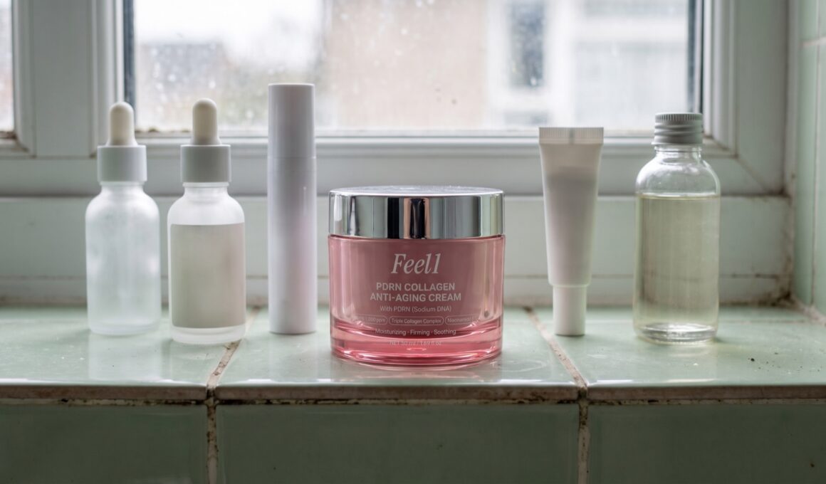 Six skincare jars and bottles in a row on a pale green tiled windowsill with a pink Feel1 PDRN cream jar in the center