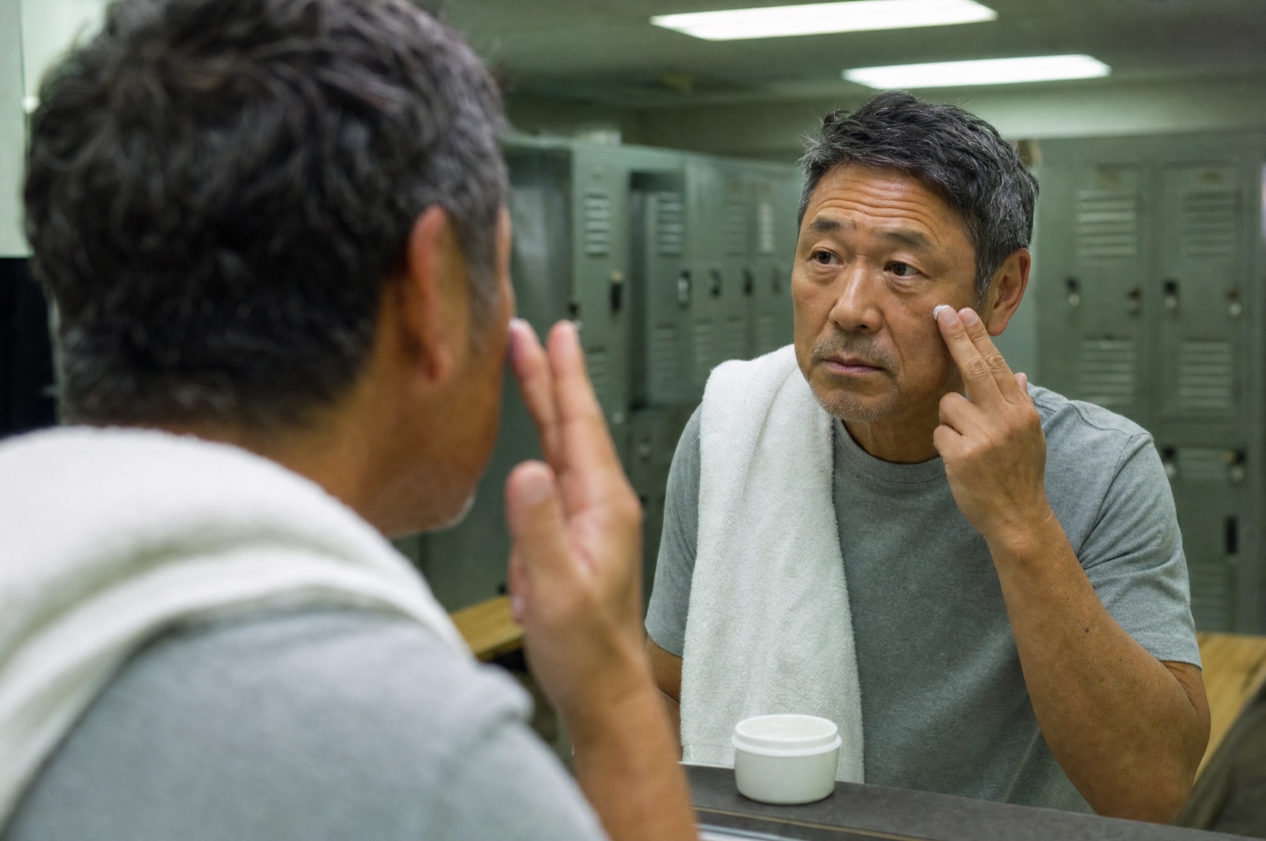 Asian-American man in his mid-fifties pressing a small amount of face cream into his cheek in a gym locker room mirror