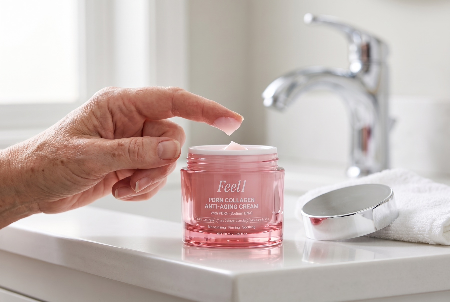 Open pink glass jar of Feel1 PDRN Collagen Anti-Aging Cream held in a woman's hand over a bathroom counter showing the pink gel-cream with tiny red beads