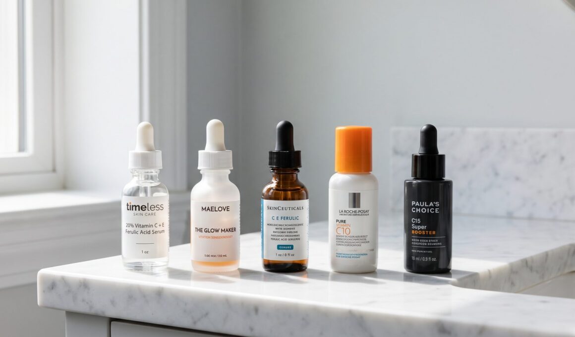 Five vitamin C serums on a marble counter: Timeless, Maelove, SkinCeuticals, La Roche-Posay and Paula's Choice