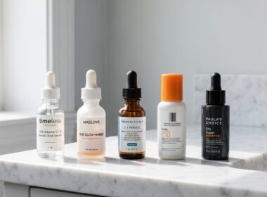 Five vitamin C serums on a marble counter: Timeless, Maelove, SkinCeuticals, La Roche-Posay and Paula's Choice