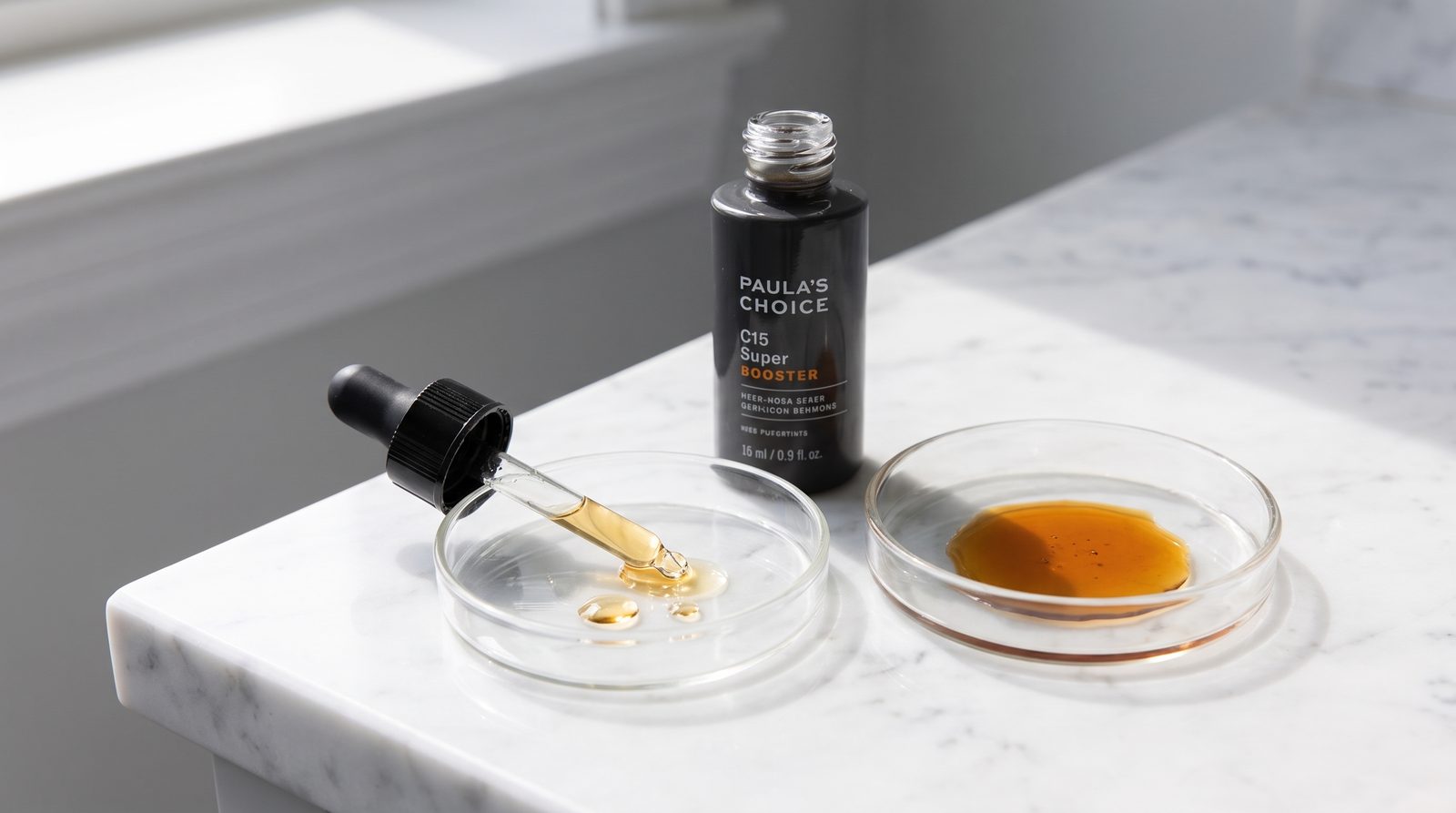 Paula's Choice C15 Super Booster drops next to an oxidized sample