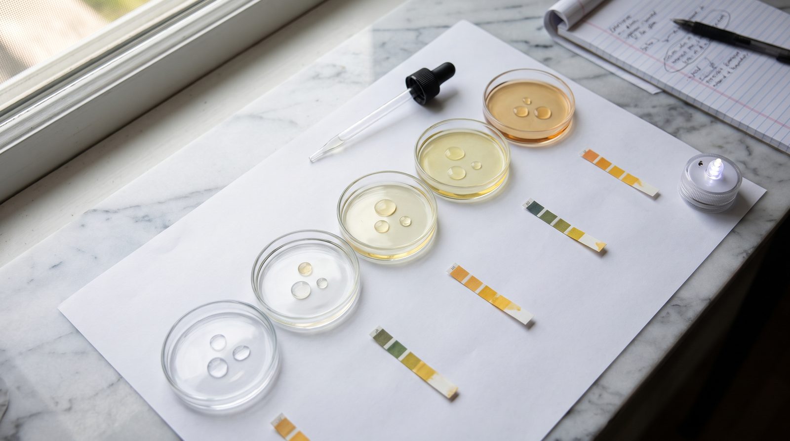 Five petri dishes with serum drops from clear to amber next to pH strips