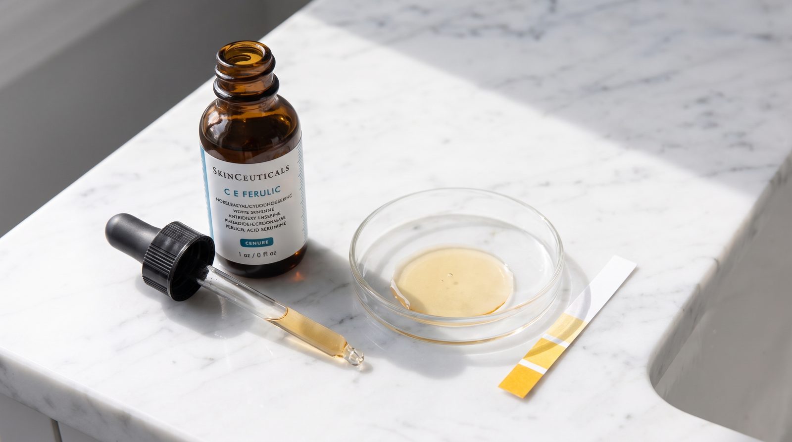 SkinCeuticals C E Ferulic amber bottle with serum in a petri dish and a pH strip
