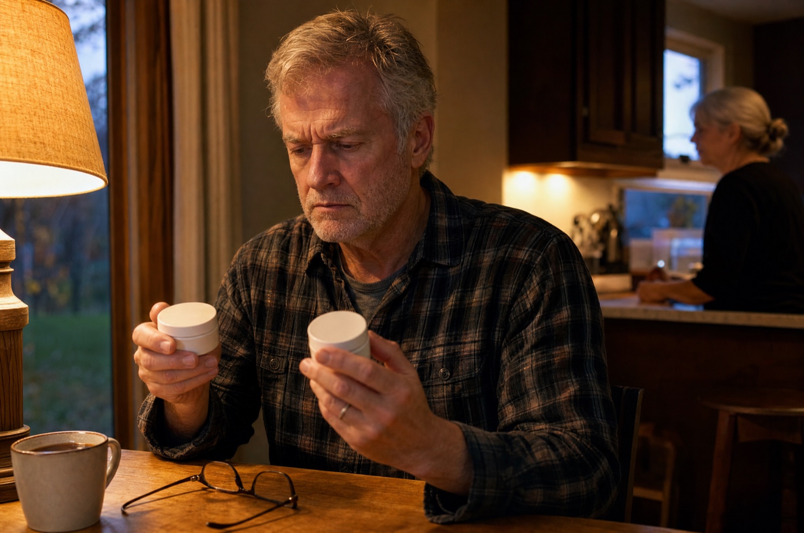 Man in his early sixties comparing two unlabeled skincare jars at his dining table