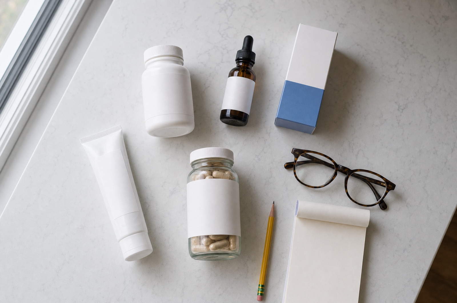 Unlabeled supplement bottles, a cream tube and a dropper bottle laid out on a kitchen counter with reading glasses