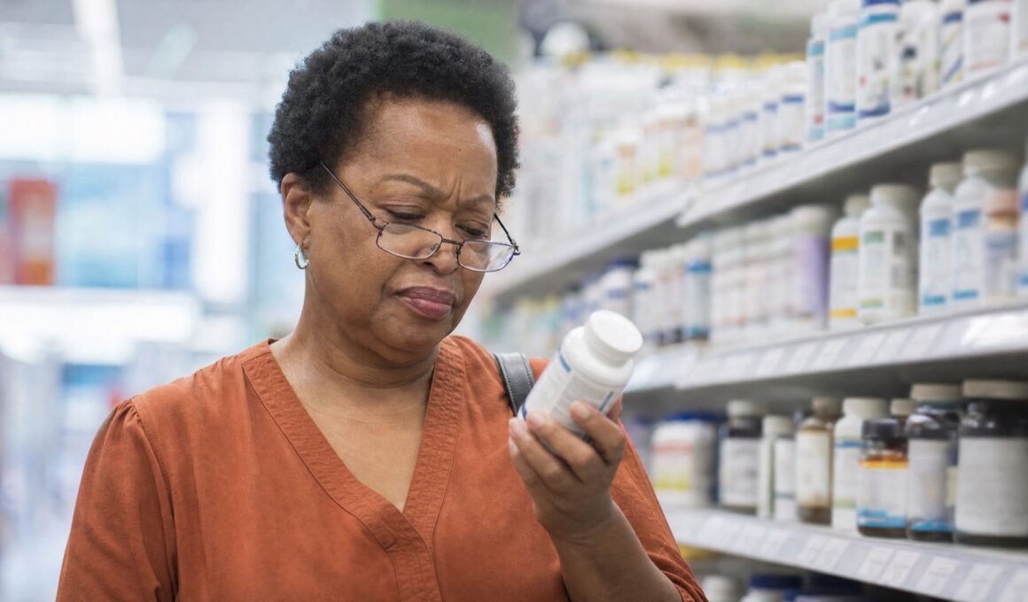 Woman in her early fifties reading the back label of a supplement bottle in a drugstore aisle