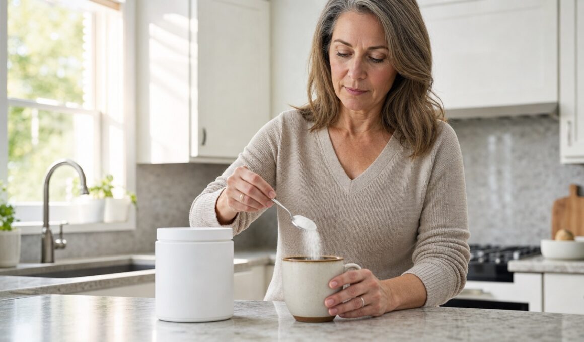 Woman in her mid-fifties stirring a scoop of white collagen powder into a coffee mug in a bright US kitchen