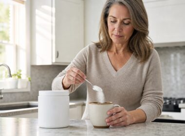 Woman in her mid-fifties stirring a scoop of white collagen powder into a coffee mug in a bright US kitchen
